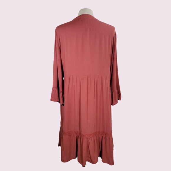 ARTESIA Rust Orange Mini Dress Size L Crepe Rayon Boho Layered Ruffle Sleeve - Picture 2 of 8